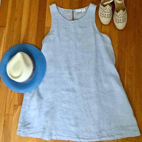Sleeveless Linen A-Line Dress, Chambray Blue, with Pockets - Picture 2 of 16